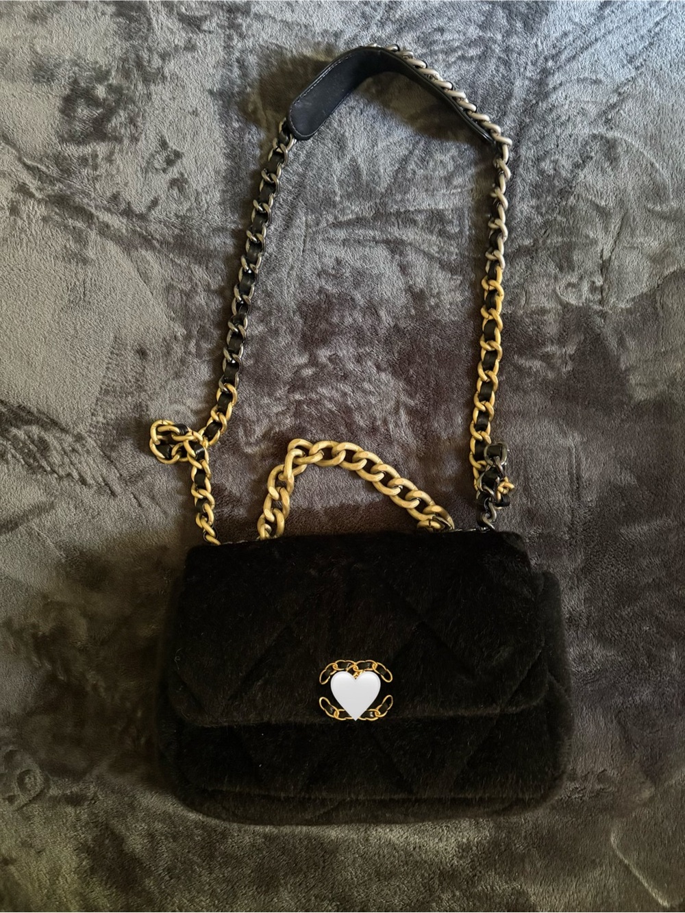 designer inspired Black Quilted Velvet Shoulder Bag with Gold Chain